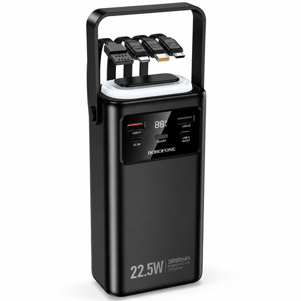 Павербанк BOROFONE BJ65 High 30000 mAh 22.5W з LED-дисплеєм, вбудованими кабелями, PD 20W та ліхтариком, чорний RS-91 фото