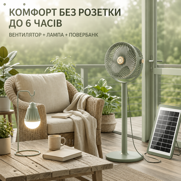 Вентилятор акумуляторний підлоговий / настільний 2в1 із сонячною панеллю, LED-ліхтарем, Power Bank та USB Type-C RS-43 фото